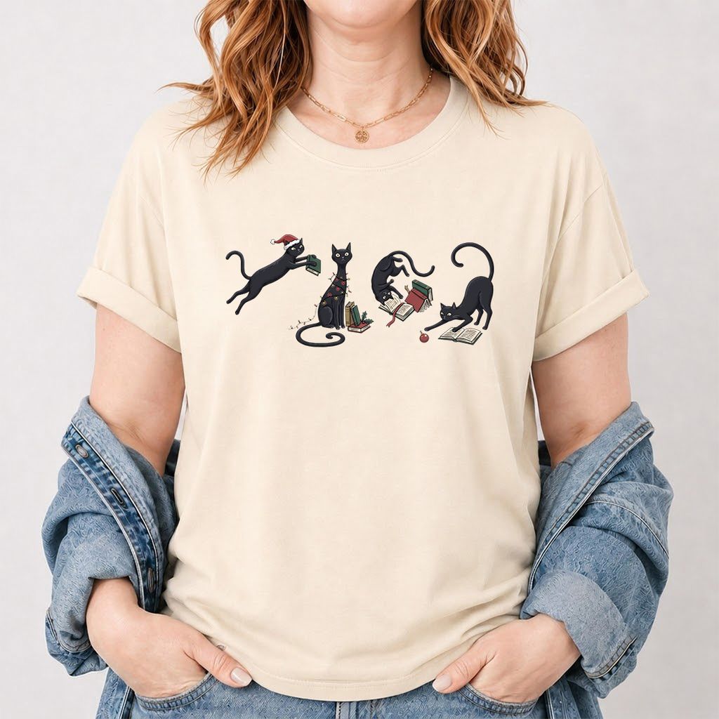 Playful Black Cats Printed T-Shirt | Christmas Book Lover Gift Natural