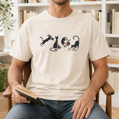 Playful Black Cats Printed T-Shirt | Christmas Book Lover Gift Natural