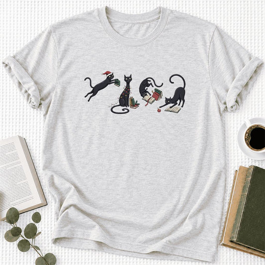 Playful Black Cats Ultra-Soft Cotton T-Shirt | Christmas Book Lover Gift Ash