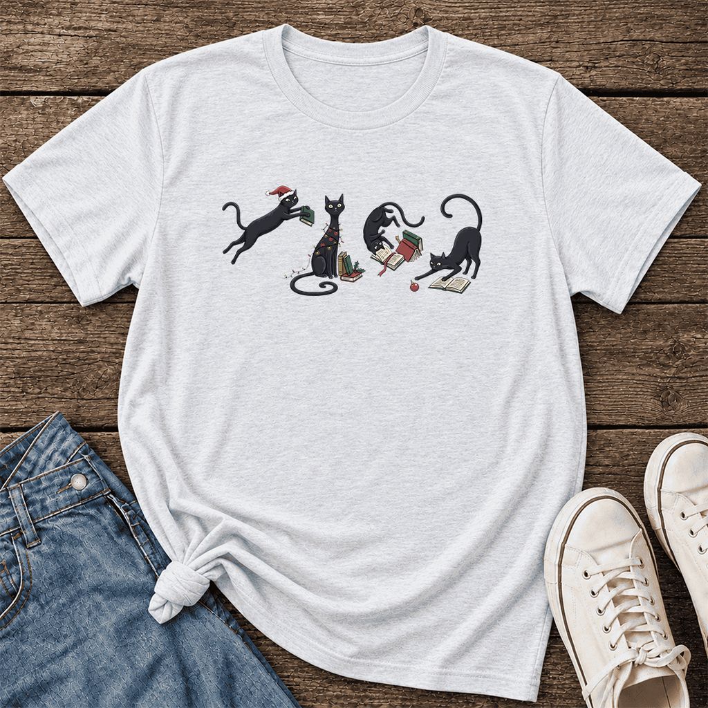 Playful Black Cats Ultra-Soft Cotton T-Shirt | Christmas Book Lover Gift Ash