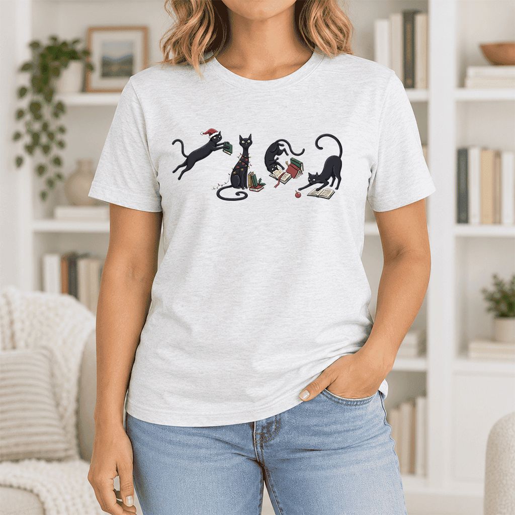 Playful Black Cats Ultra-Soft Cotton T-Shirt | Christmas Book Lover Gift Ash