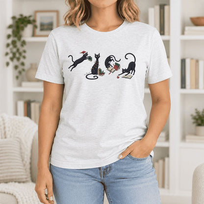 Playful Black Cats Ultra-Soft Cotton T-Shirt | Christmas Book Lover Gift Ash