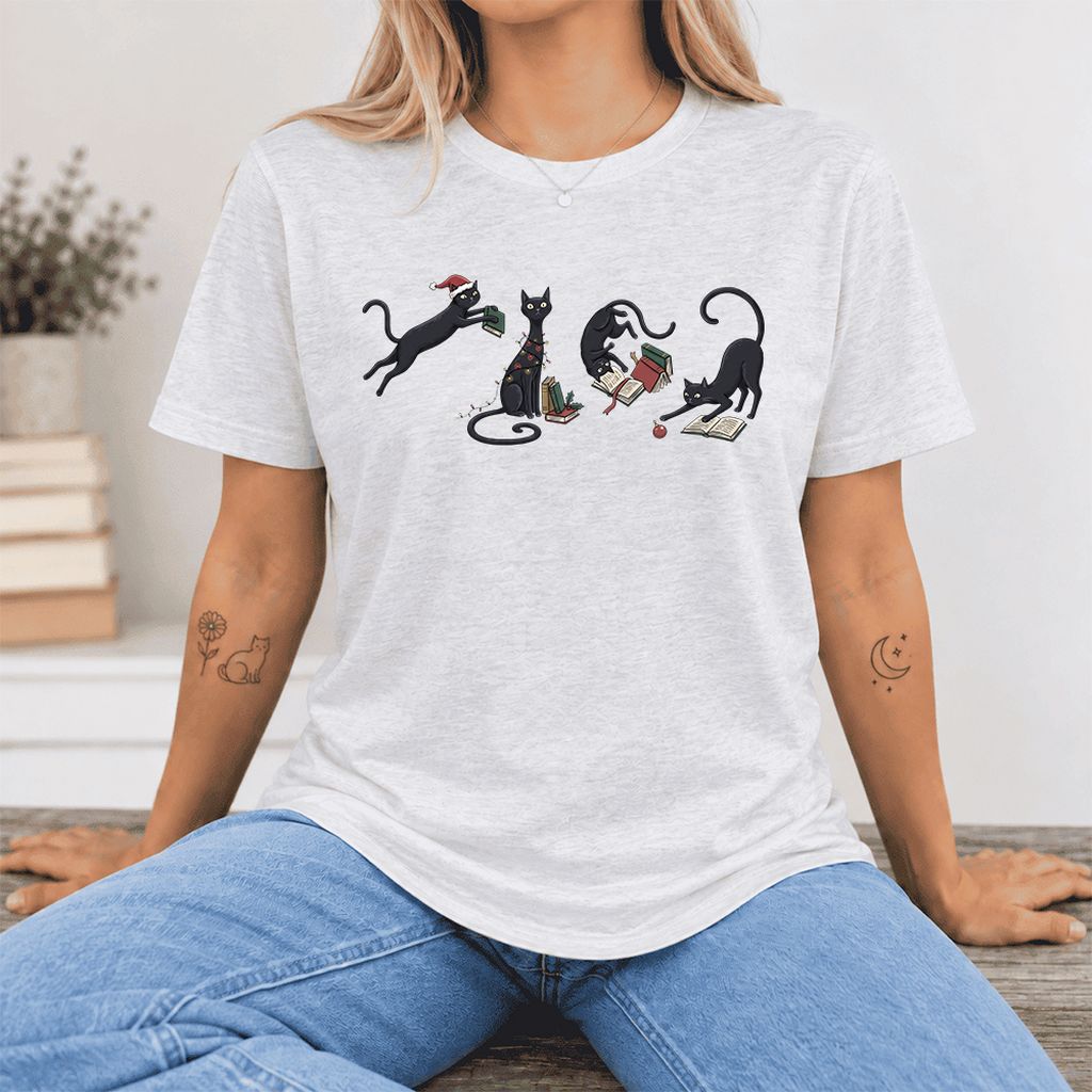 Playful Black Cats Ultra-Soft Cotton T-Shirt | Christmas Book Lover Gift Ash