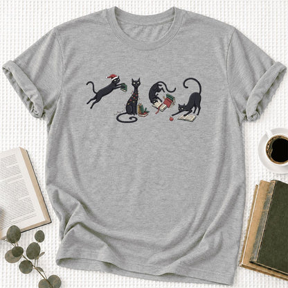 Playful Black Cats Ultra-Soft Cotton T-Shirt | Christmas Book Lover Gift Athletic Heather