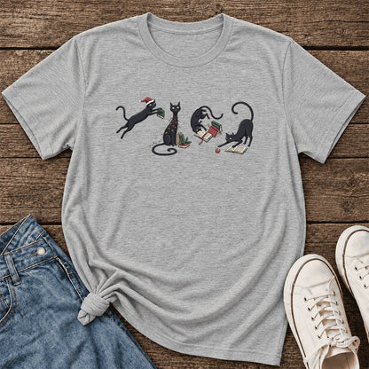 Playful Black Cats Ultra-Soft Cotton T-Shirt | Christmas Book Lover Gift Athletic Heather