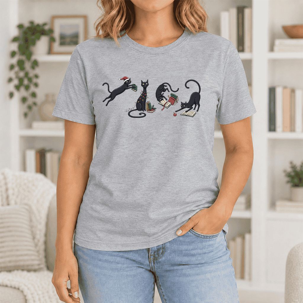 Playful Black Cats Ultra-Soft Cotton T-Shirt | Christmas Book Lover Gift Athletic Heather