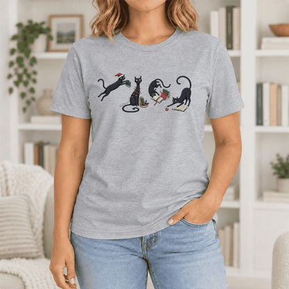 Playful Black Cats Ultra-Soft Cotton T-Shirt | Christmas Book Lover Gift Athletic Heather