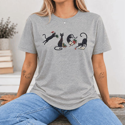 Playful Black Cats Ultra-Soft Cotton T-Shirt | Christmas Book Lover Gift Athletic Heather