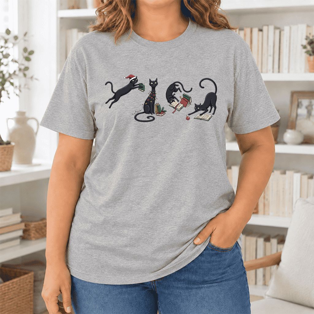 Playful Black Cats Ultra-Soft Cotton T-Shirt | Christmas Book Lover Gift Athletic Heather