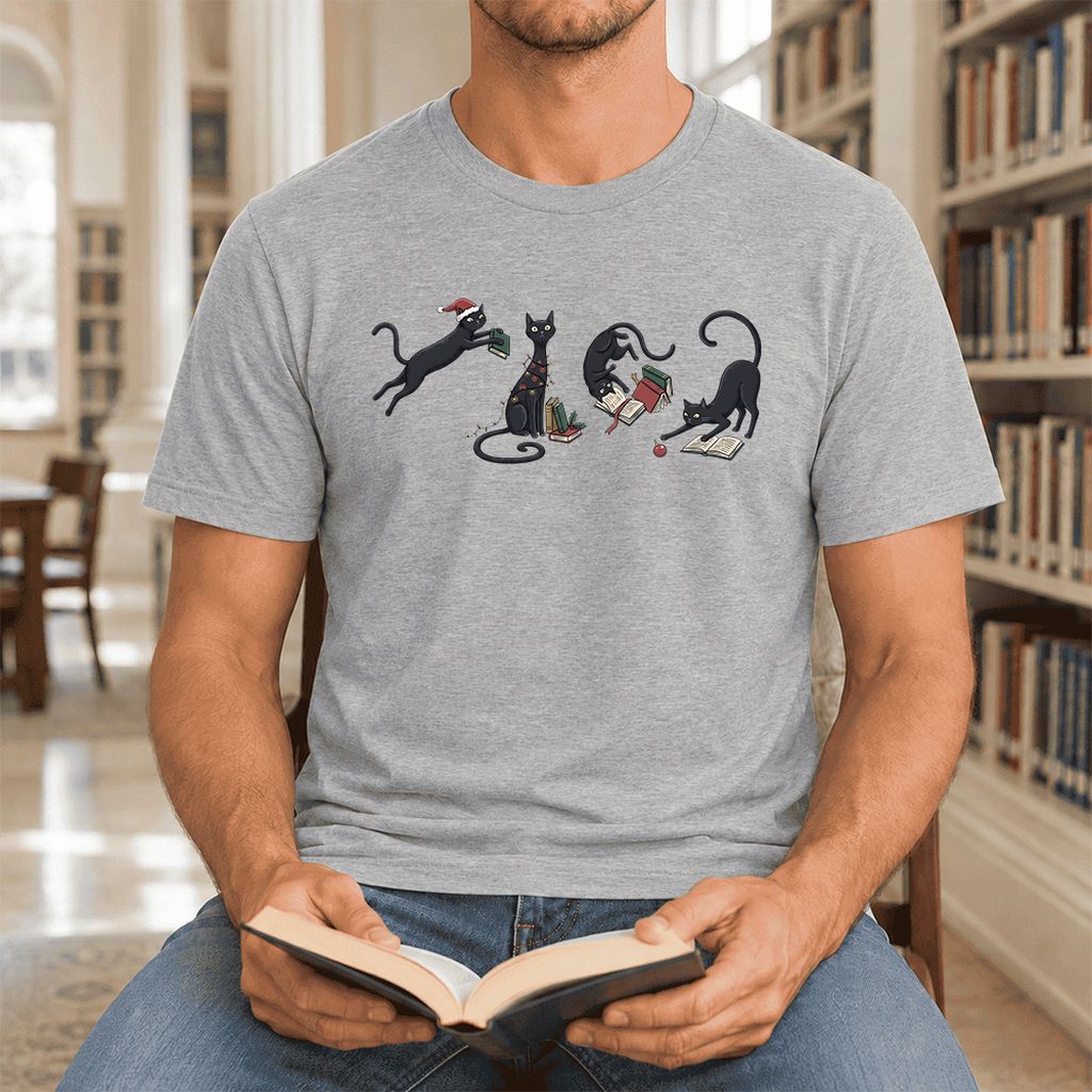 Playful Black Cats Ultra-Soft Cotton T-Shirt | Christmas Book Lover Gift Athletic Heather