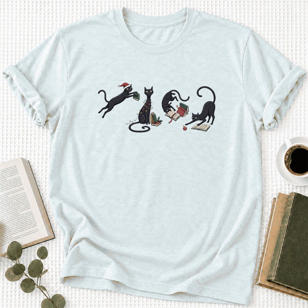 Playful Black Cats Ultra-Soft Cotton T-Shirt | Christmas Book Lover Gift Heather Ice Blue