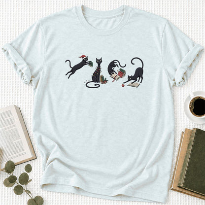Playful Black Cats Ultra-Soft Cotton T-Shirt | Christmas Book Lover Gift Heather Ice Blue