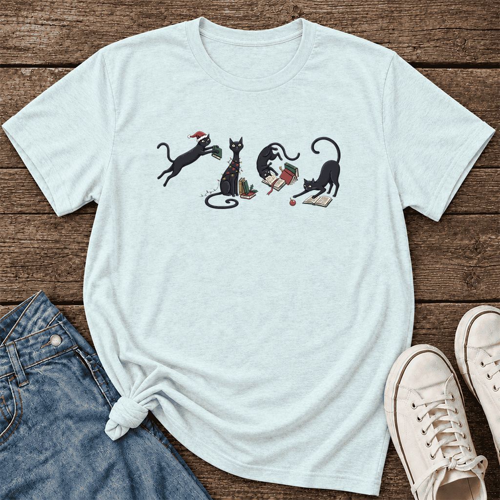 Playful Black Cats Ultra-Soft Cotton T-Shirt | Christmas Book Lover Gift Heather Ice Blue