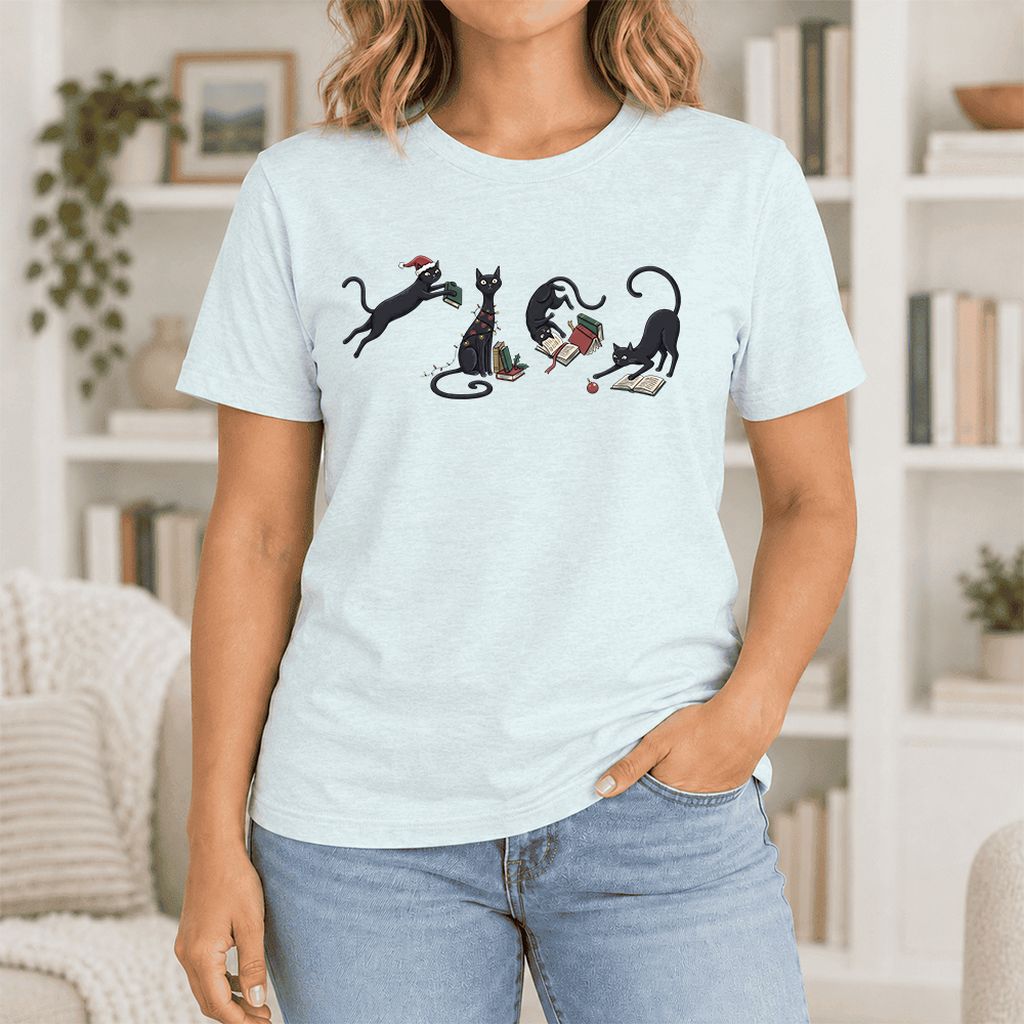 Playful Black Cats Ultra-Soft Cotton T-Shirt | Christmas Book Lover Gift Heather Ice Blue