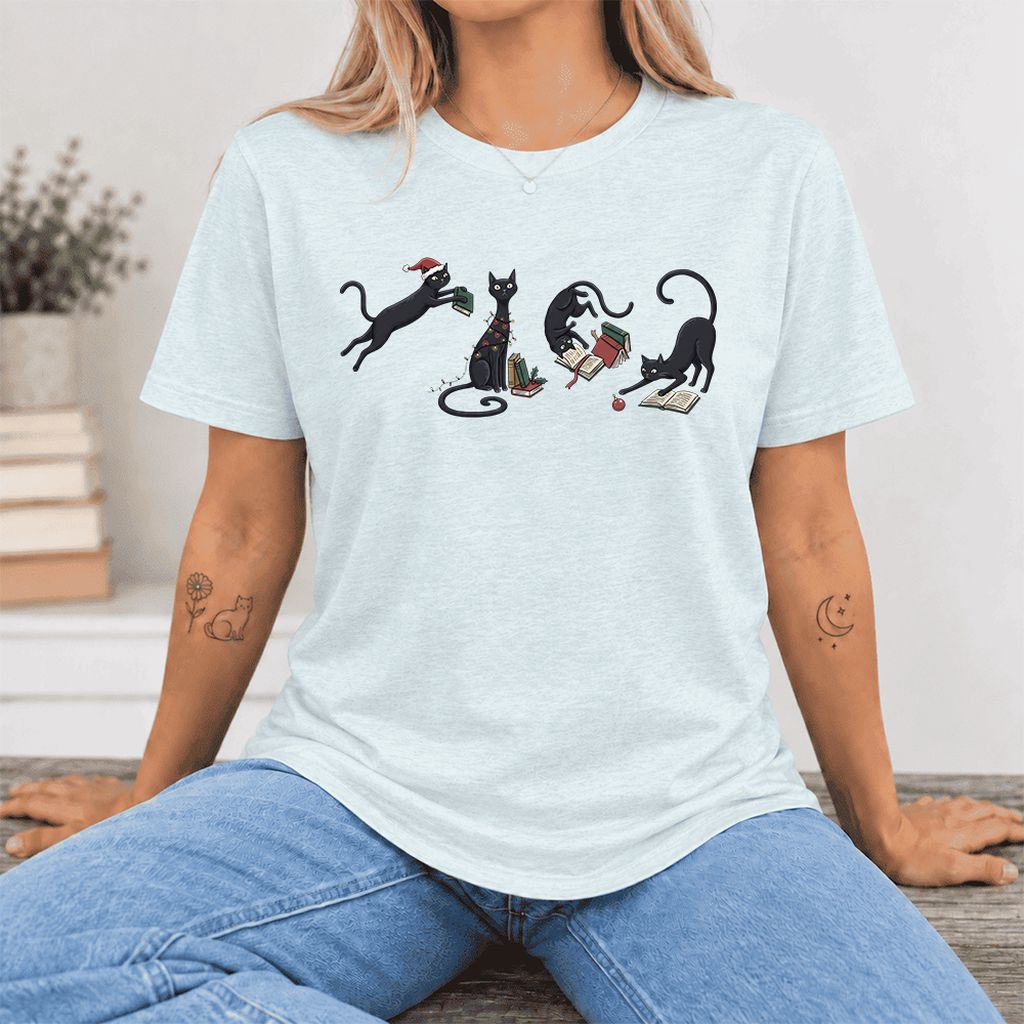 Playful Black Cats Ultra-Soft Cotton T-Shirt | Christmas Book Lover Gift Heather Ice Blue