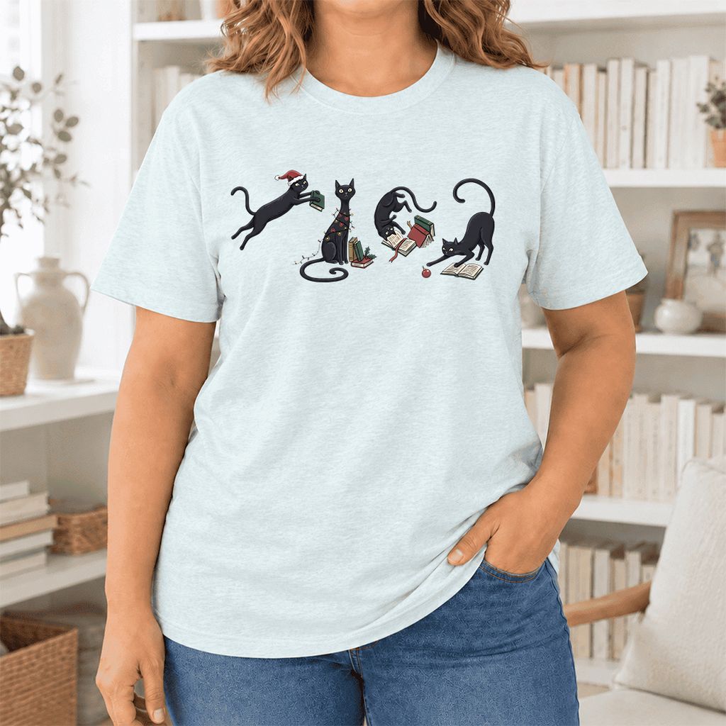 Playful Black Cats Ultra-Soft Cotton T-Shirt | Christmas Book Lover Gift Heather Ice Blue