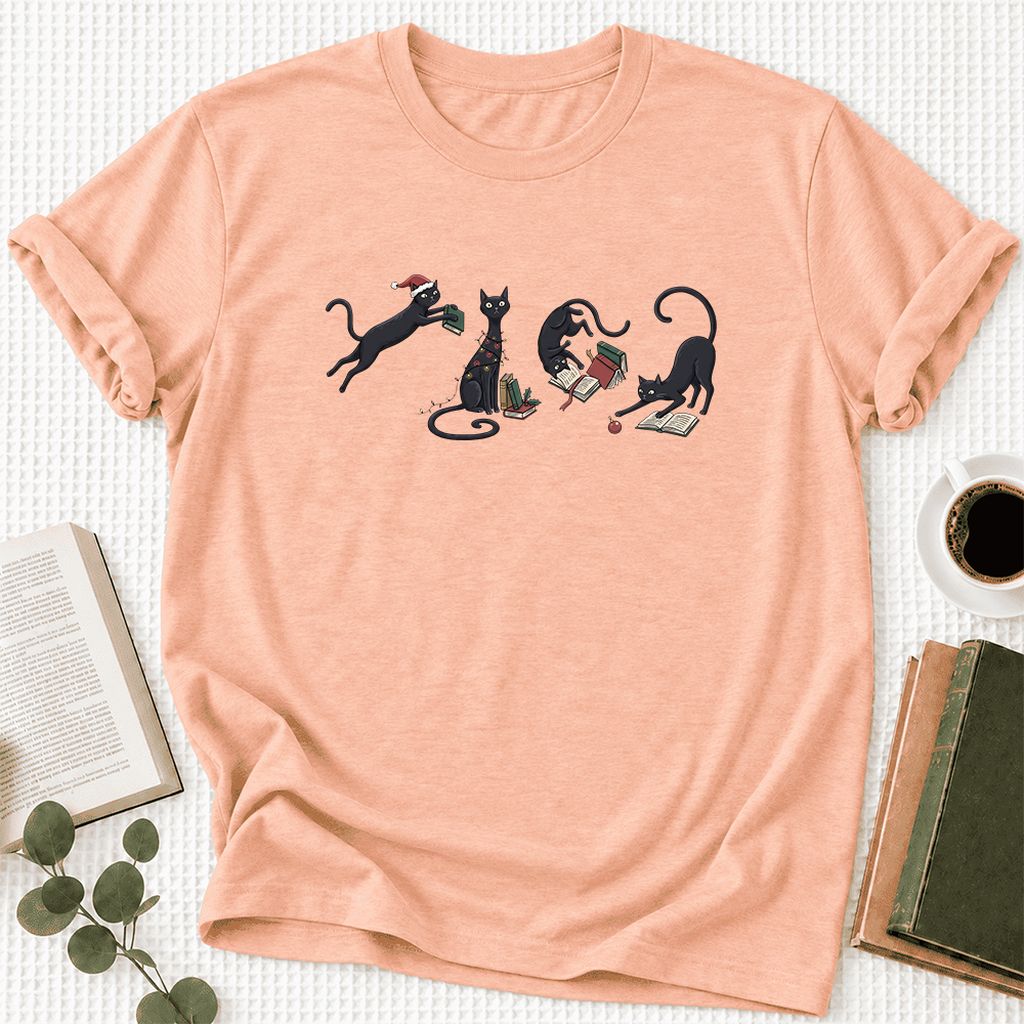 Playful Black Cats Ultra-Soft Cotton T-Shirt | Christmas Book Lover Gift Heather Peach