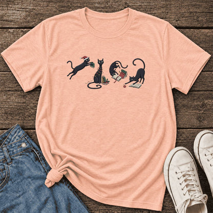 Playful Black Cats Ultra-Soft Cotton T-Shirt | Christmas Book Lover Gift Heather Peach