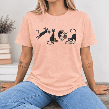 Playful Black Cats Ultra-Soft Cotton T-Shirt | Christmas Book Lover Gift Heather Peach