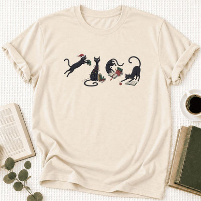 Playful Black Cats Ultra-Soft Cotton T-Shirt | Christmas Book Lover Gift Natural