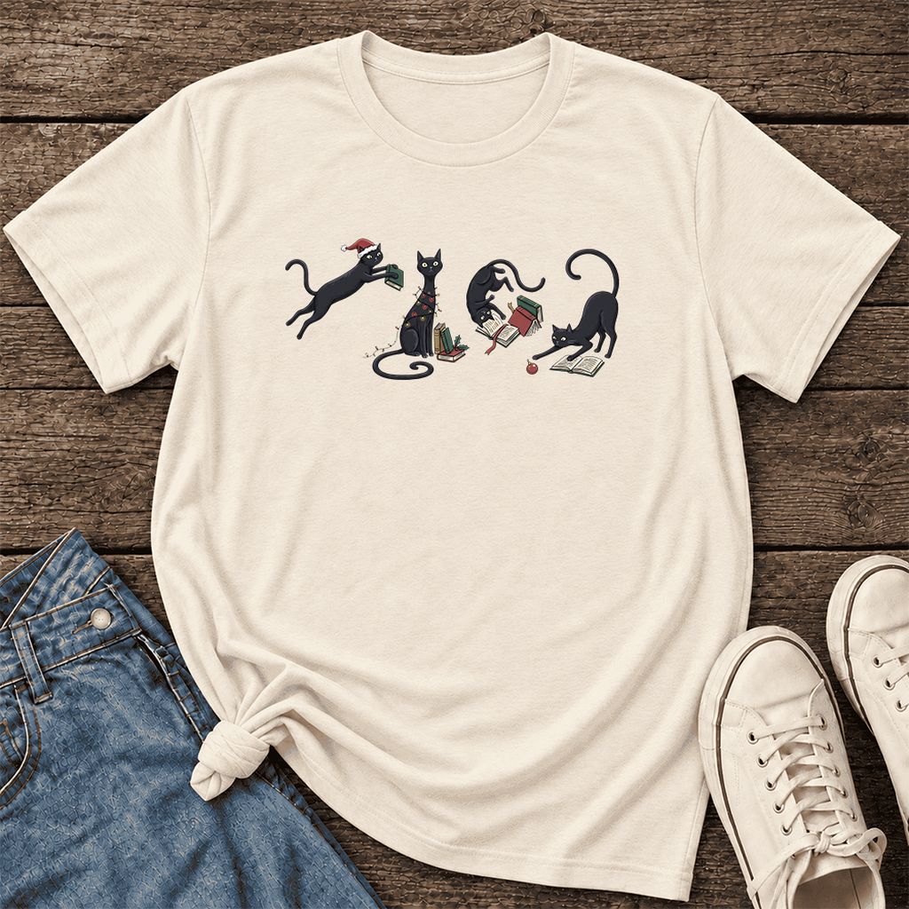 Playful Black Cats Ultra-Soft Cotton T-Shirt | Christmas Book Lover Gift Natural