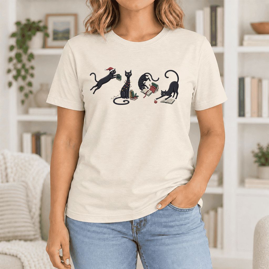 Playful Black Cats Ultra-Soft Cotton T-Shirt | Christmas Book Lover Gift Natural