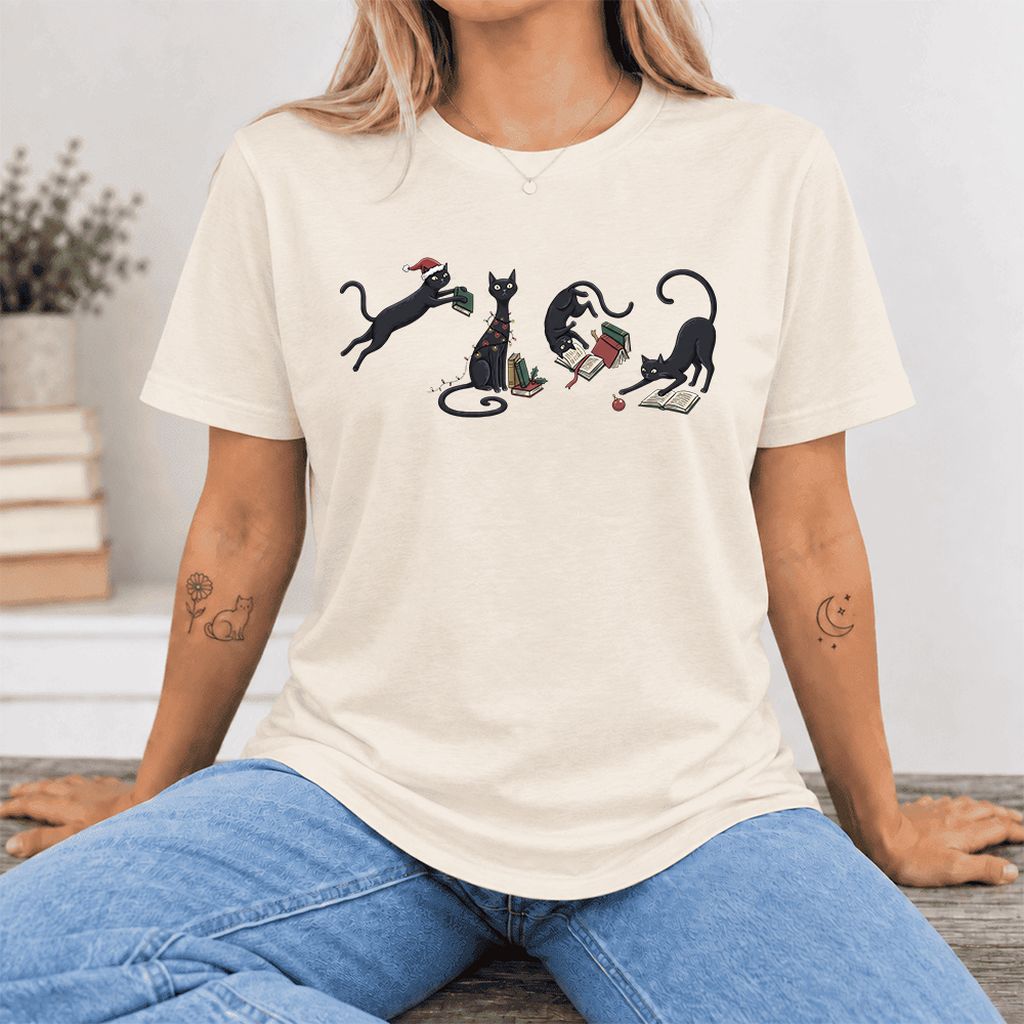 Playful Black Cats Ultra-Soft Cotton T-Shirt | Christmas Book Lover Gift Natural