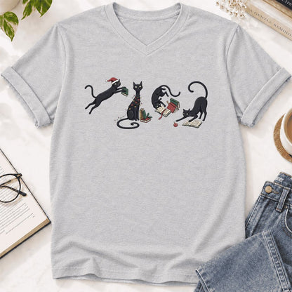 Playful Black Cats Ultra-Soft V-Neck | Christmas Book Lover Gift Ash