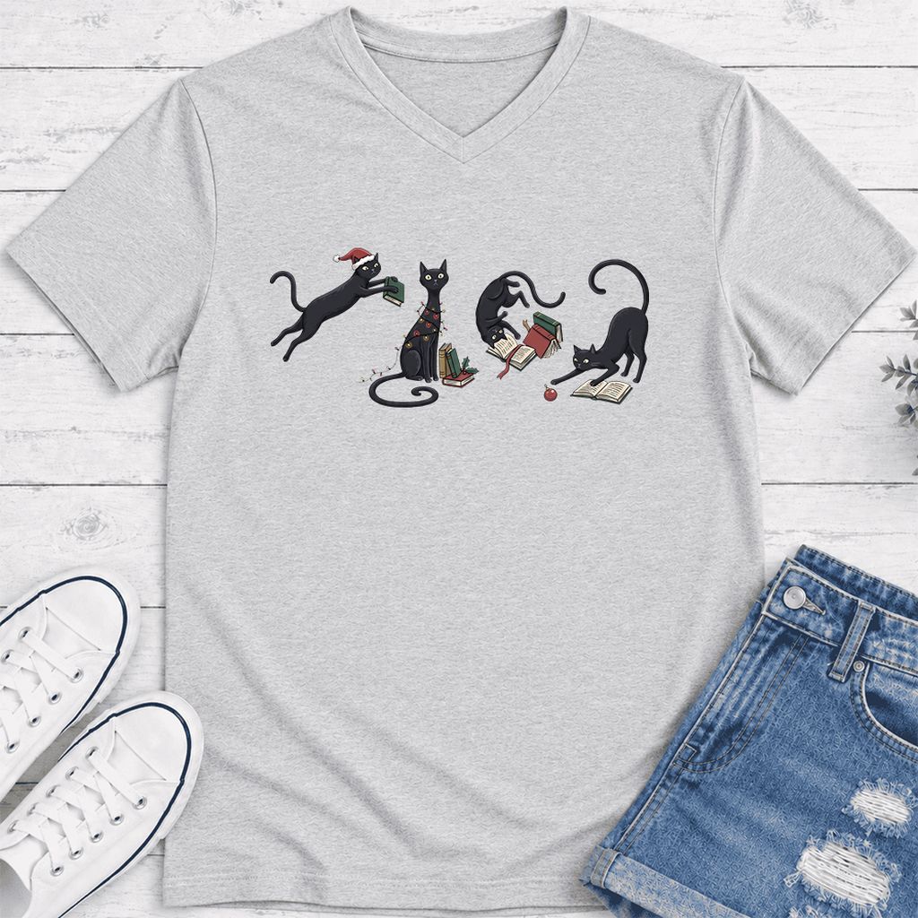Playful Black Cats Ultra-Soft V-Neck | Christmas Book Lover Gift Ash