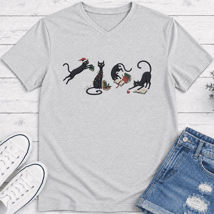 Playful Black Cats Ultra-Soft V-Neck | Christmas Book Lover Gift Ash