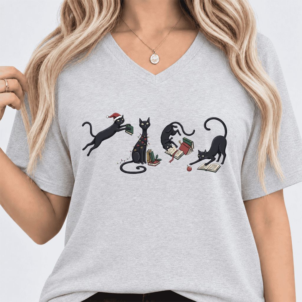 Playful Black Cats Ultra-Soft V-Neck | Christmas Book Lover Gift Ash