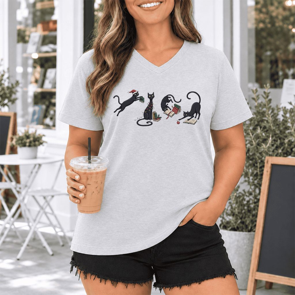 Playful Black Cats Ultra-Soft V-Neck | Christmas Book Lover Gift Ash