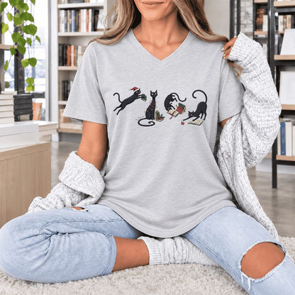 Playful Black Cats Ultra-Soft V-Neck | Christmas Book Lover Gift Ash