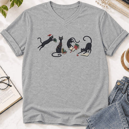Playful Black Cats Ultra-Soft V-Neck | Christmas Book Lover Gift Athletic Heather
