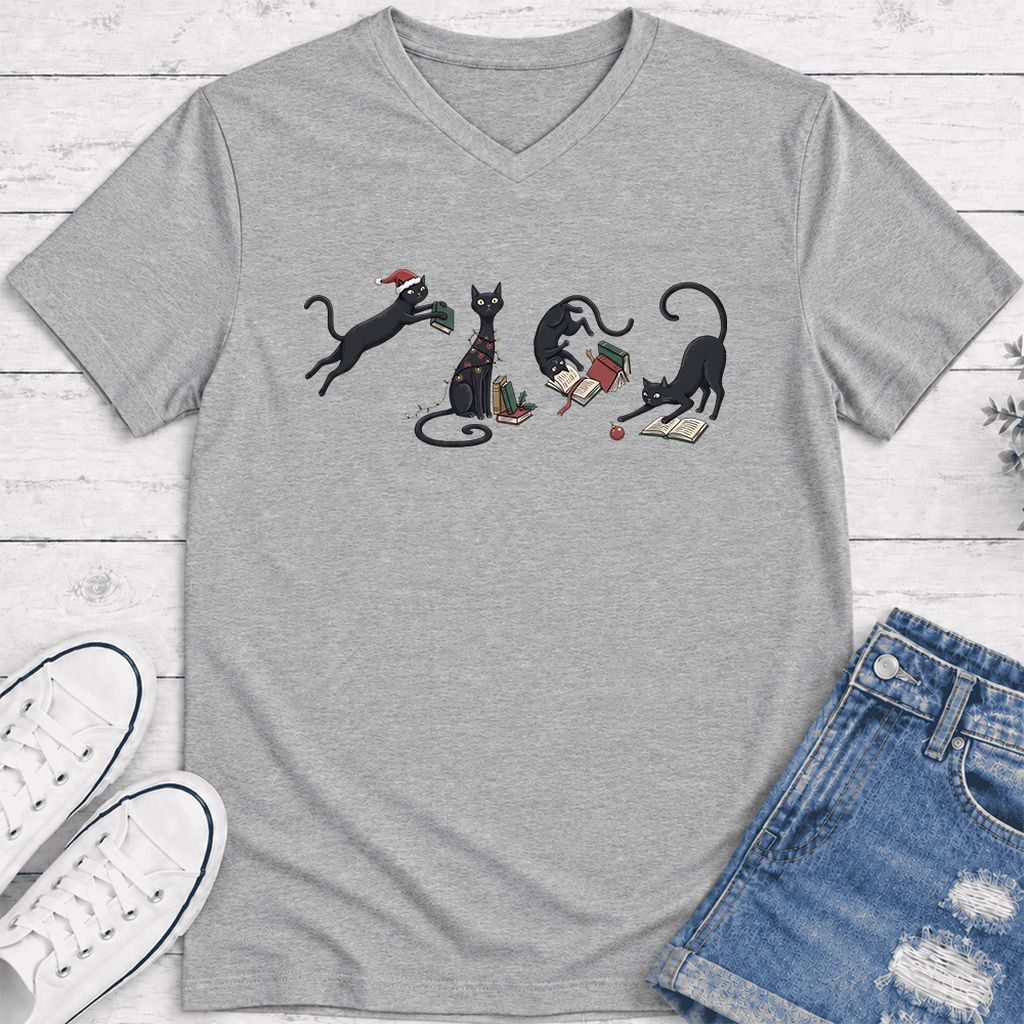 Playful Black Cats Ultra-Soft V-Neck | Christmas Book Lover Gift Athletic Heather
