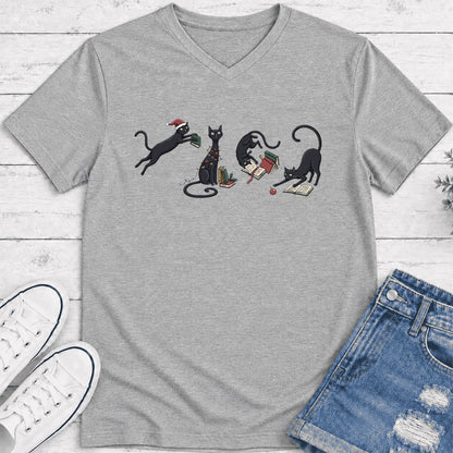 Playful Black Cats Ultra-Soft V-Neck | Christmas Book Lover Gift Athletic Heather