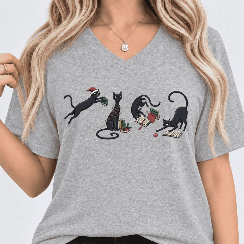 Playful Black Cats Ultra-Soft V-Neck | Christmas Book Lover Gift Athletic Heather