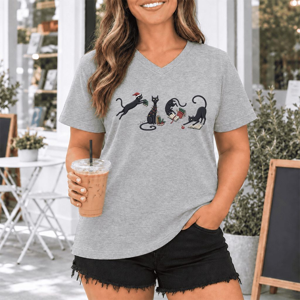 Playful Black Cats Ultra-Soft V-Neck | Christmas Book Lover Gift Athletic Heather