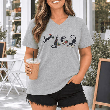 Playful Black Cats Ultra-Soft V-Neck | Christmas Book Lover Gift Athletic Heather
