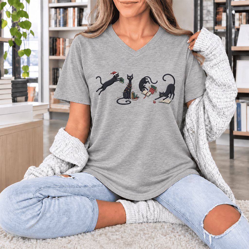 Playful Black Cats Ultra-Soft V-Neck | Christmas Book Lover Gift Athletic Heather