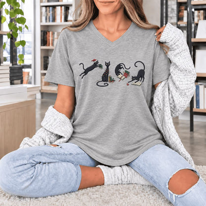 Playful Black Cats Ultra-Soft V-Neck | Christmas Book Lover Gift Athletic Heather