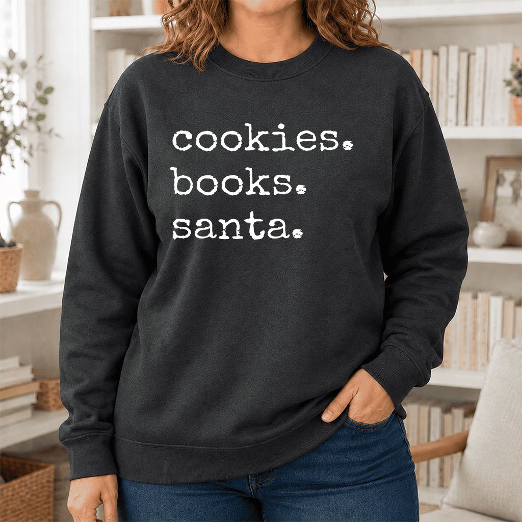 Cookies. Books. Santa. Printed Sweatshirt | Christmas Book Lover Gift Dark Heather