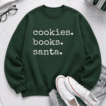 Cookies. Books. Santa. Printed Sweatshirt | Christmas Book Lover Gift Forest Green