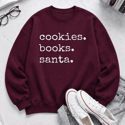 Cookies. Books. Santa. Printed Sweatshirt | Christmas Book Lover Gift Maroon