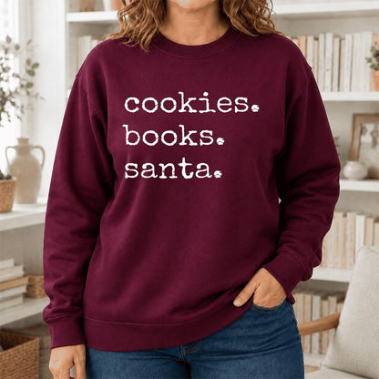 Cookies. Books. Santa. Printed Sweatshirt | Christmas Book Lover Gift Maroon