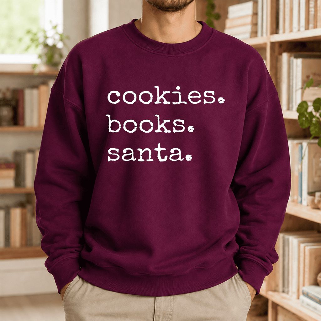 Cookies. Books. Santa. Printed Sweatshirt | Christmas Book Lover Gift Maroon