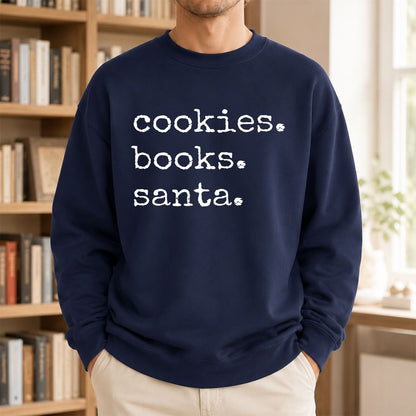 Cookies. Books. Santa. Printed Sweatshirt | Christmas Book Lover Gift Navy