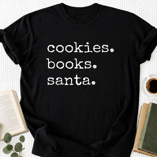 Cookies. Books. Santa. Printed T-Shirt | Christmas Book Lover Gift Black