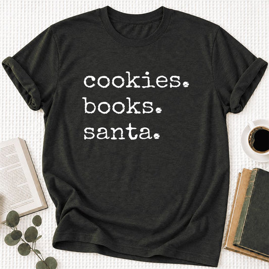 Cookies. Books. Santa. Ultra-Soft Cotton T-Shirt | Christmas Book Lover Gift Black Heather