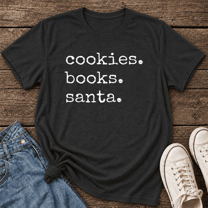 Cookies. Books. Santa. Ultra-Soft Cotton T-Shirt | Christmas Book Lover Gift Black Heather